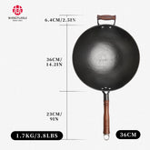WANGYUANJI 14.2 Inch Cast Iron Wok with Lid and Wooden Handle Large Round Bottom Stir Fry Pan Uncoated Craft Wok for Healthy Cooking Compatible with All Stovetops